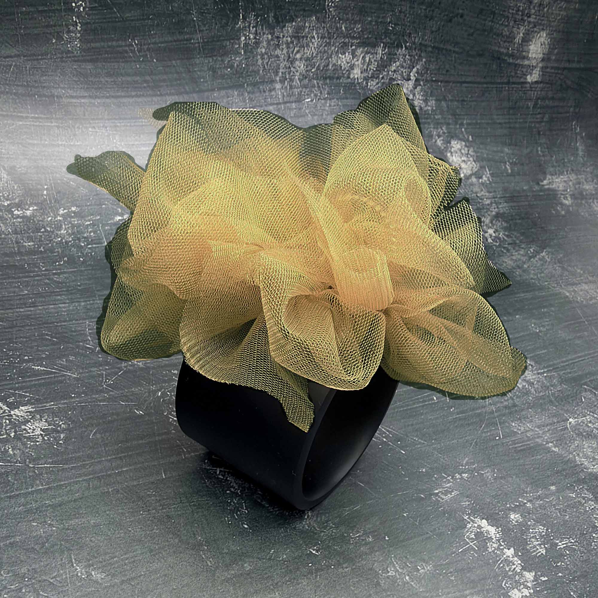 Fantasy Bangle in Butterscotch – wide black rubber bangle with golden butterscotch tulle, handmade by Frank Ideas