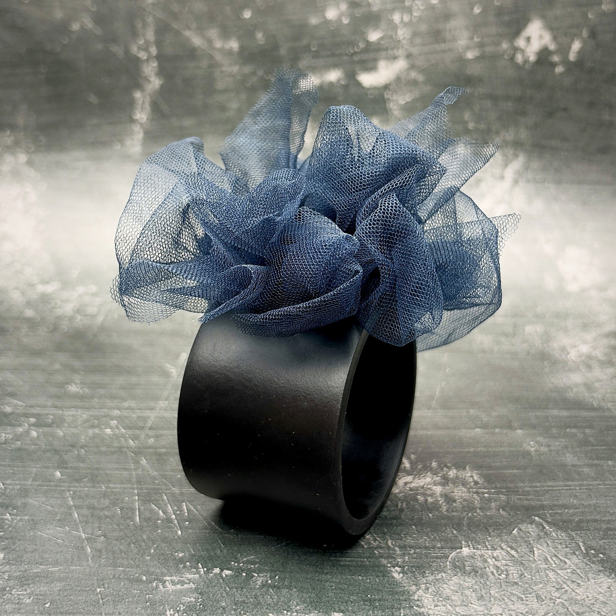 Fantasy Bangle in Midnight Teal – wide black rubber bangle with midnight teal tulle, handmade by Frank Ideas