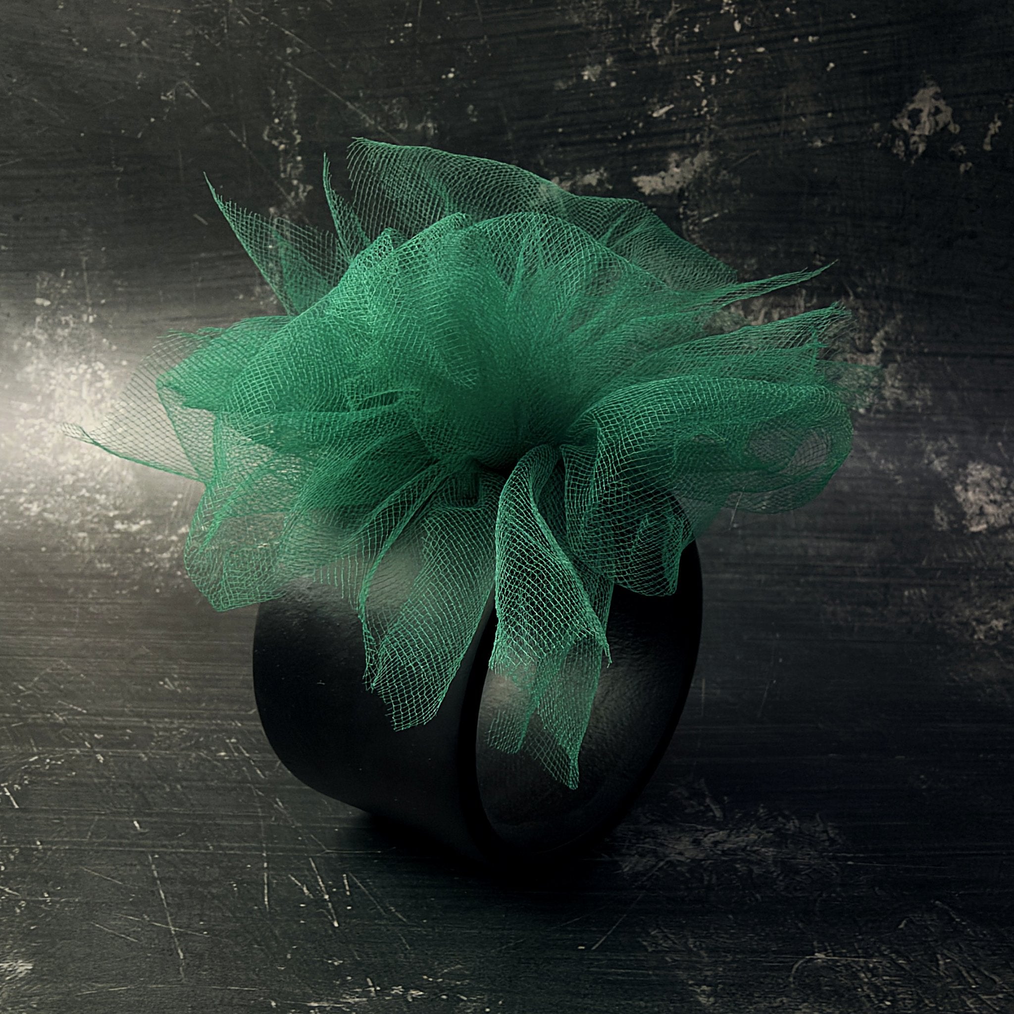Fantasy Bangle in Green – wide black rubber bangle with green tulle, handmade by Frank Ideas