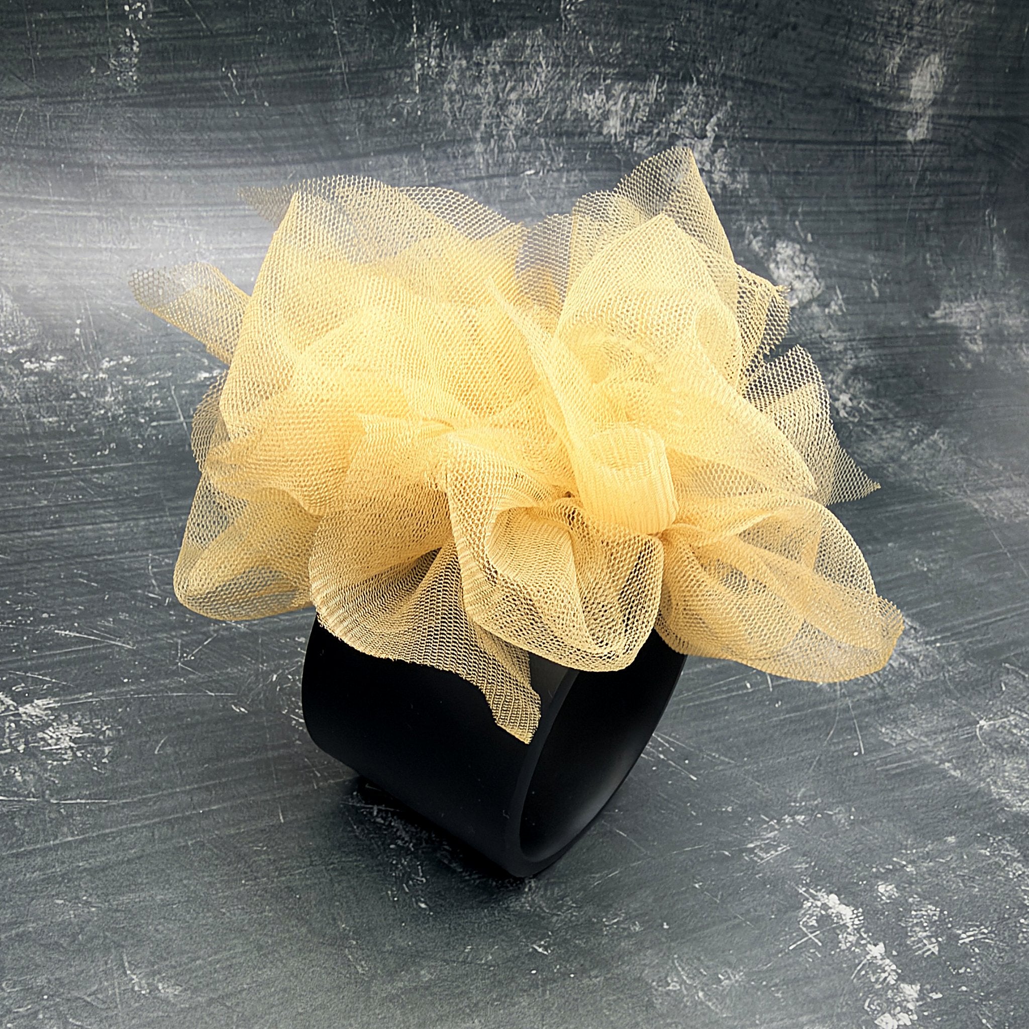 Fantasy Bangle in Butterscotch – wide black rubber bangle with golden butterscotch tulle, handmade by Frank Ideas