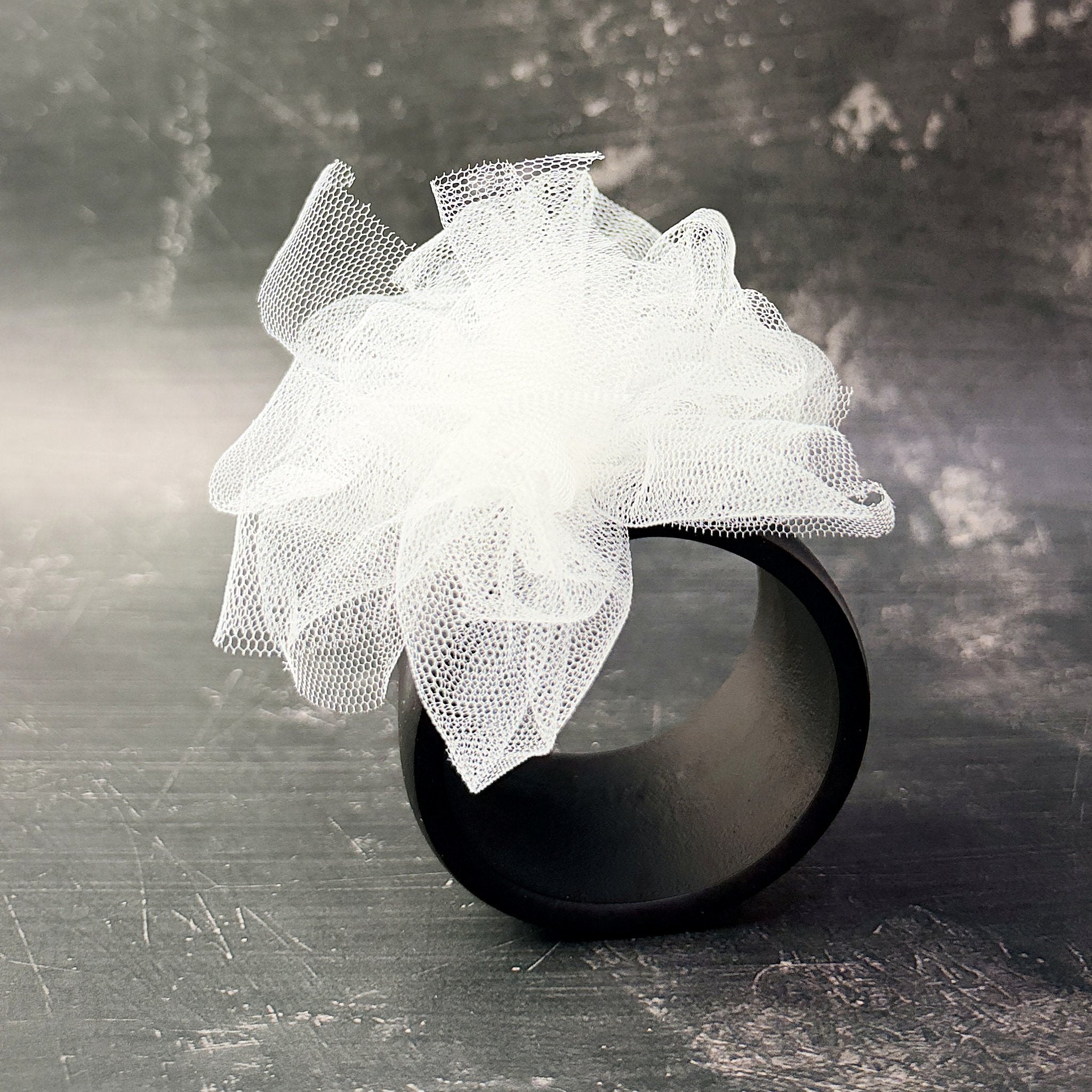 Fantasy Bangle in White – wide black rubber bangle with white tulle, handmade by Frank Ideas
