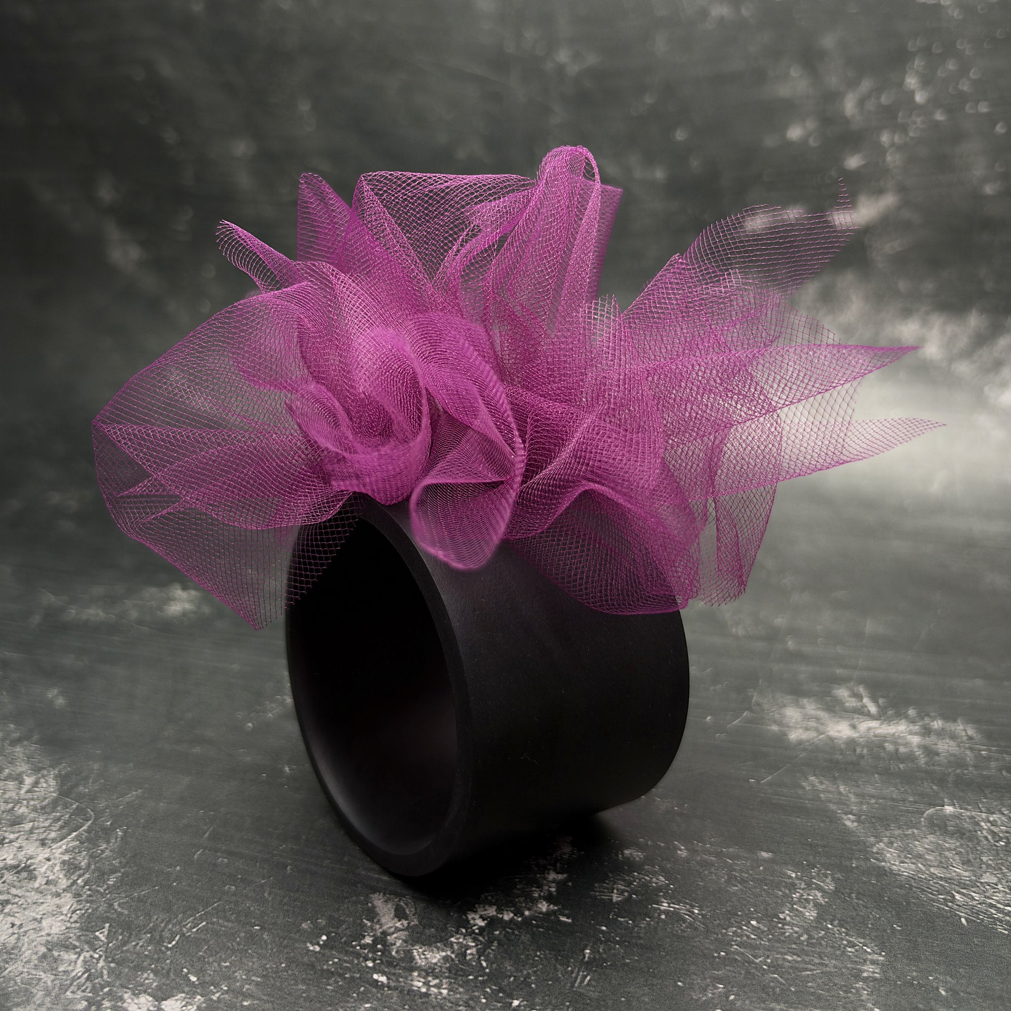 Fantasy Bangle in Wine – wide black rubber bangle with wine tulle, handmade by Frank Ideas