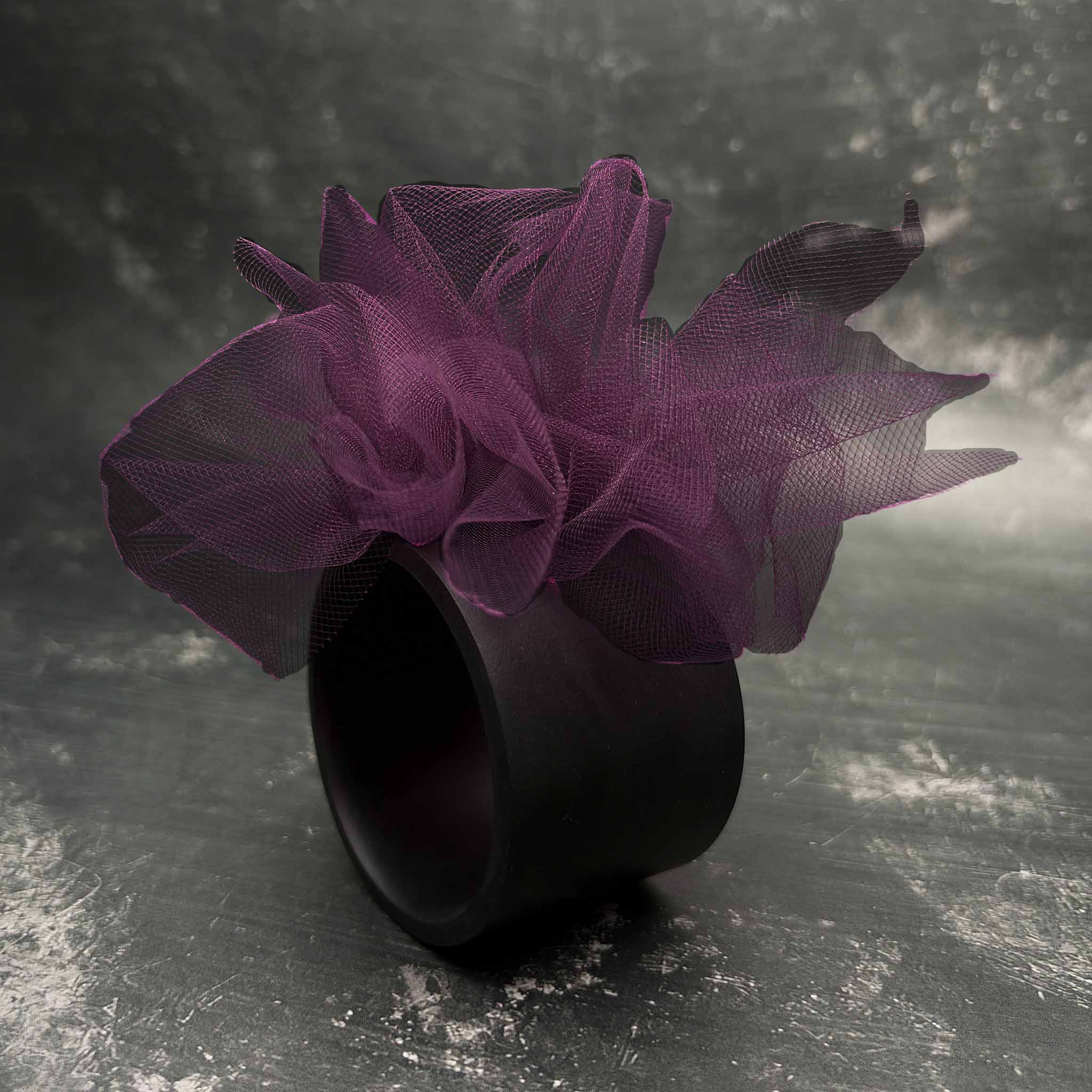 Fantasy Bangle in wine – wide black rubber bangle with wine tulle, handmade by Frank Ideas