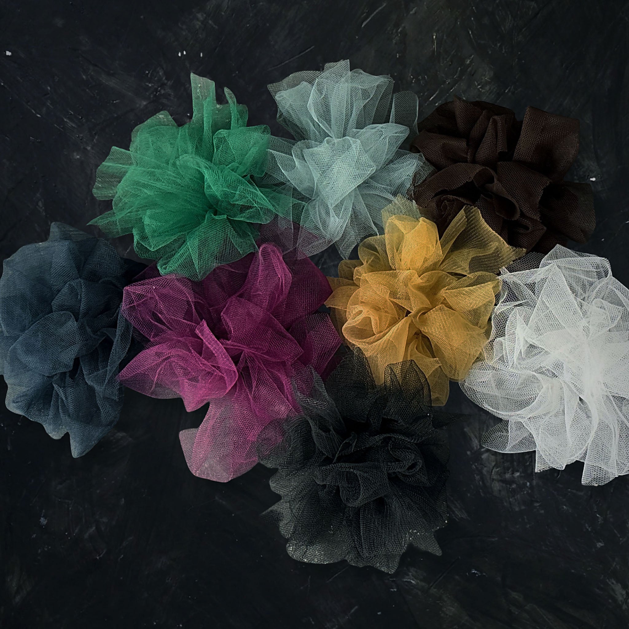 Fantasy Brooch in all eight colours – recycled rubber and tulle brooches in black, white, green, midnight teal, sea foam, butterscotch, wine and brown mesh, Frank Ideas