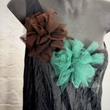 Fantasy Brooches in Brown Mesh and Green worn together on a black dress, Frank Ideas