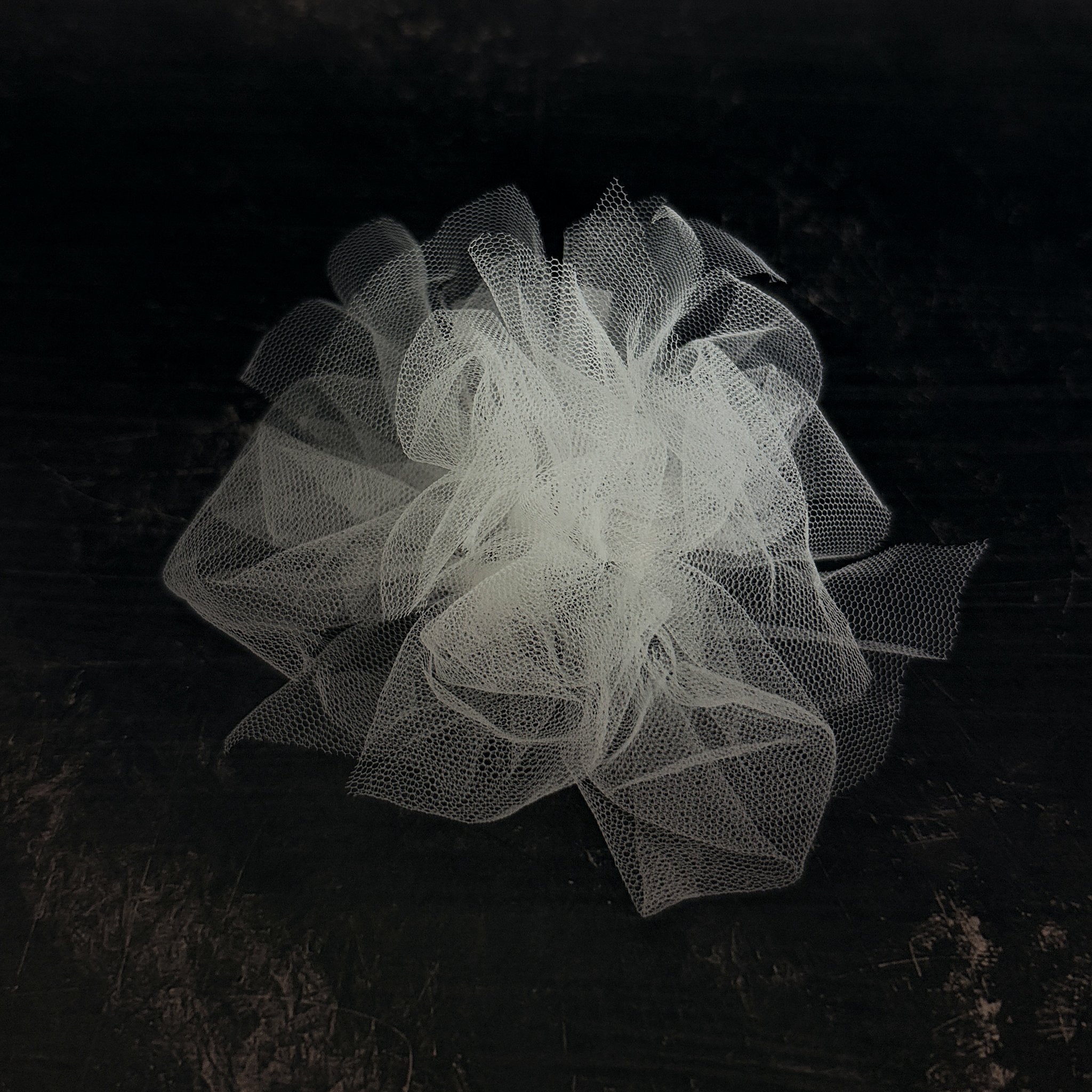 Fantasy Brooch in White – recycled rubber brooch with white tulle, handmade by Frank Ideas