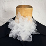 Fantasy Brooch in White worn on a black jacket – rubber and tulle statement brooch, handmade by Frank Ideas
