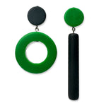 Asymmetrical green dot and dash earrings on a white background