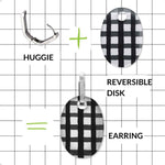 A product explainer graphic showing combining the huggie hoop with acrylic disk to make up the Frank Ideas earring