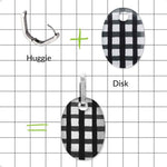 A product explainer graphic showing combining the huggie hoop with acrylic disk to make up the Frank Ideas earrings