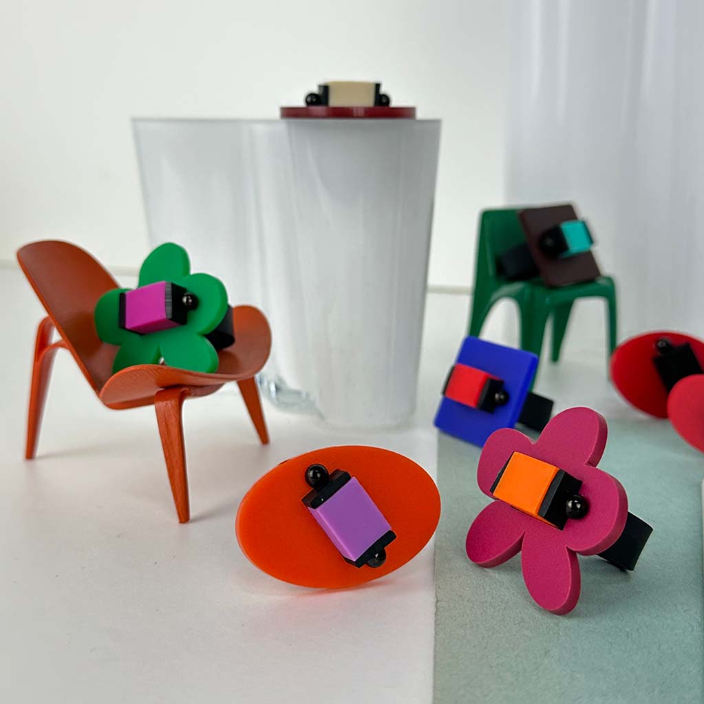 A collection of funky, colourful, chunky rings
