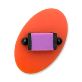 Orange oval ring with a purple square and black circular elements in the centre 