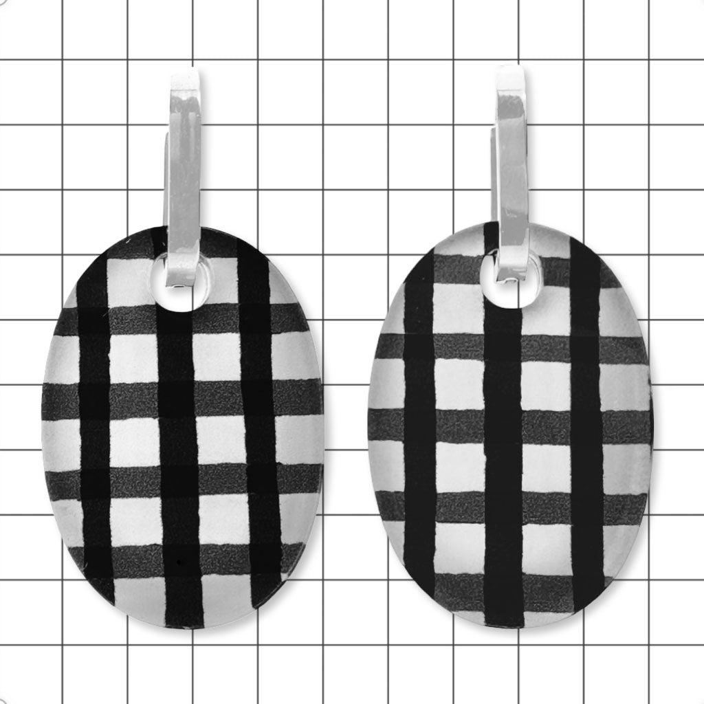 Perspex convertible huggie earrings in gloss black and white gingham by Frank Ideas