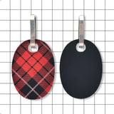 Both sides of Perspex huggie earrings showing upcycled matte black finish and glossy tartan side by Frank Ideas