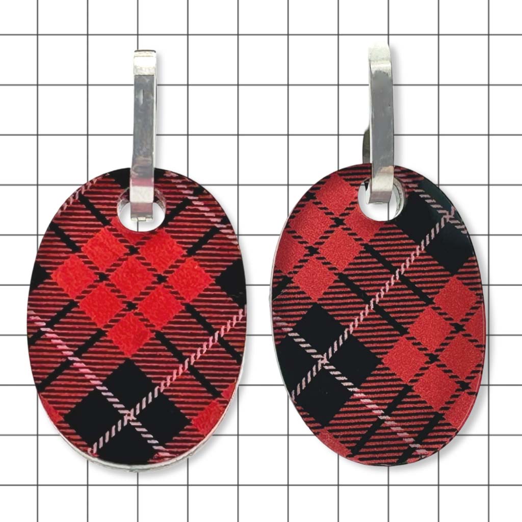 Perspex convertible huggie earrings in gloss red and black tartan by Frank Ideas