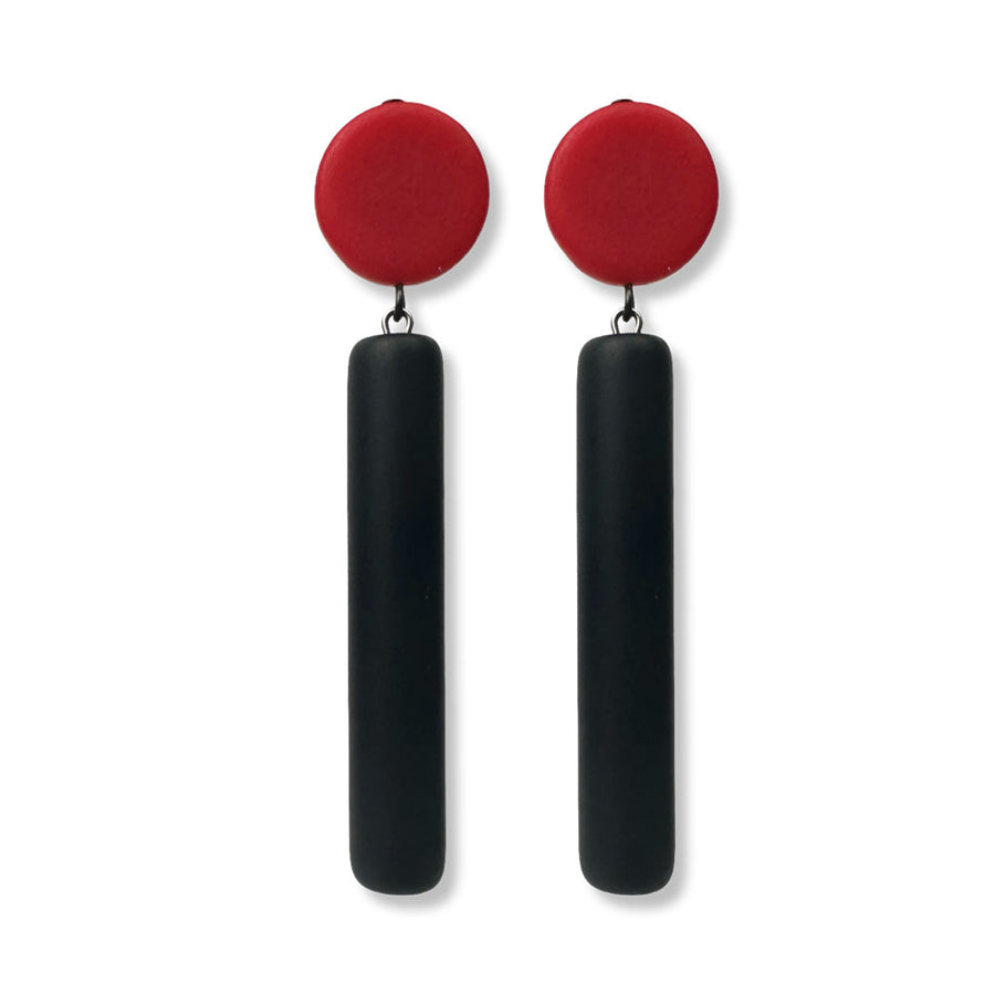 red and black column and disk earrings sample