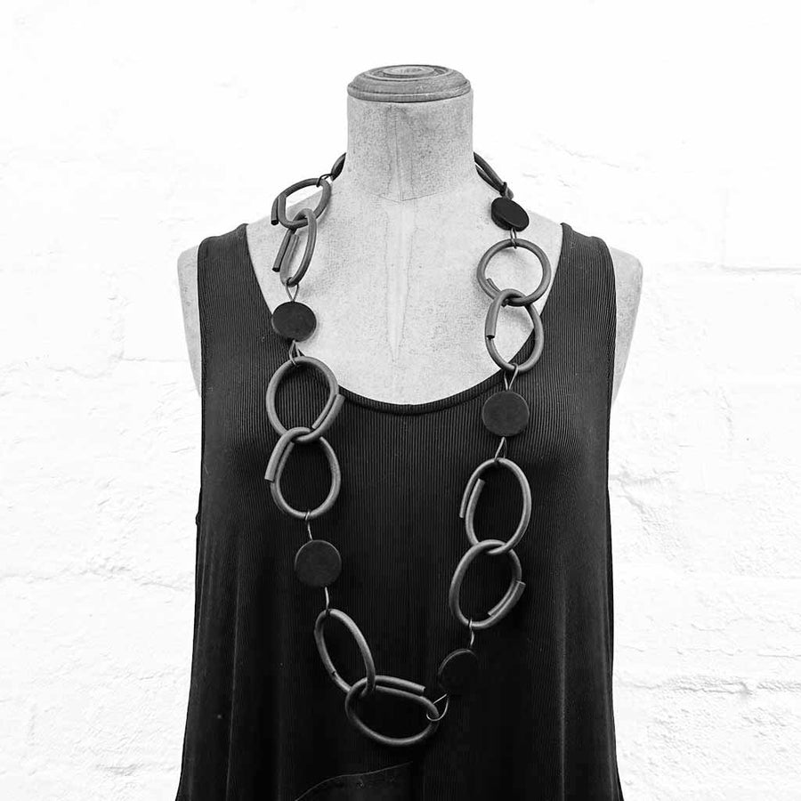 Black and white photo resin and rubber long chain necklace black with pink dots