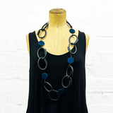 Resin and rubber long chain necklace black with navy blue dots