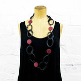 Resin and rubber long chain necklace black with red dots