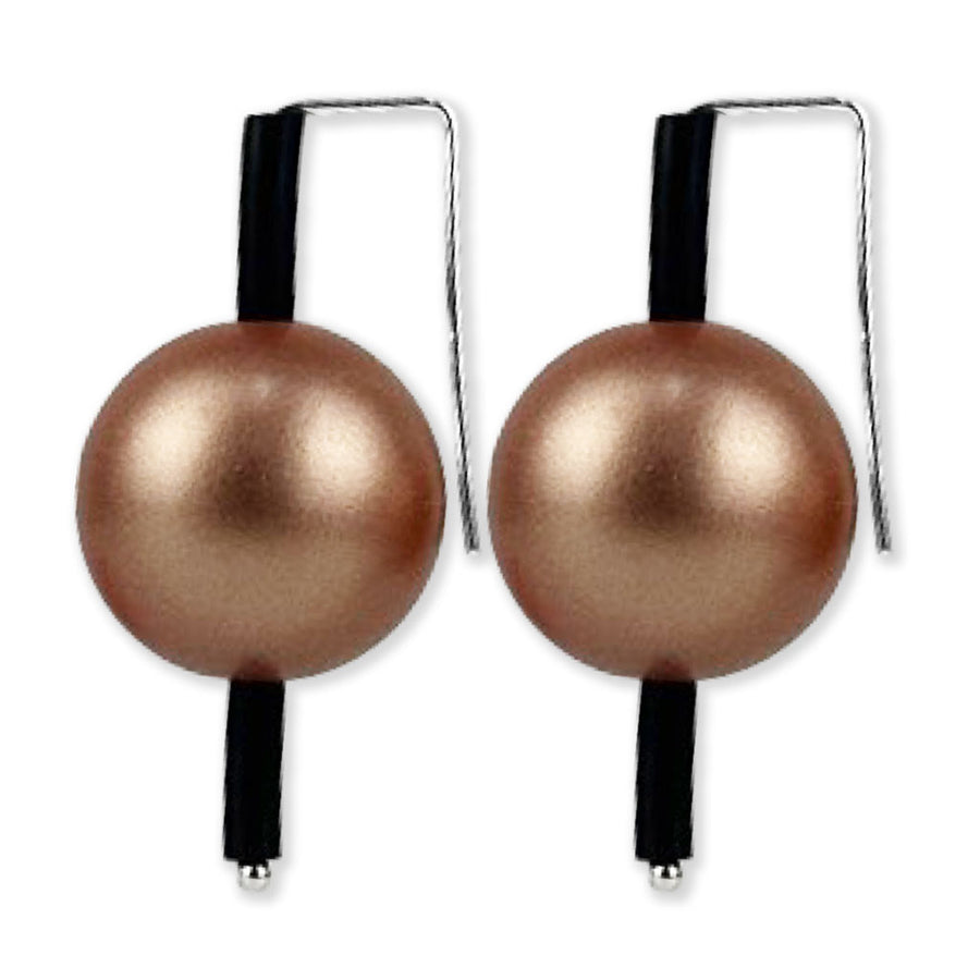 Two spherical earrings in metallic rose gold balls and vertical black bars