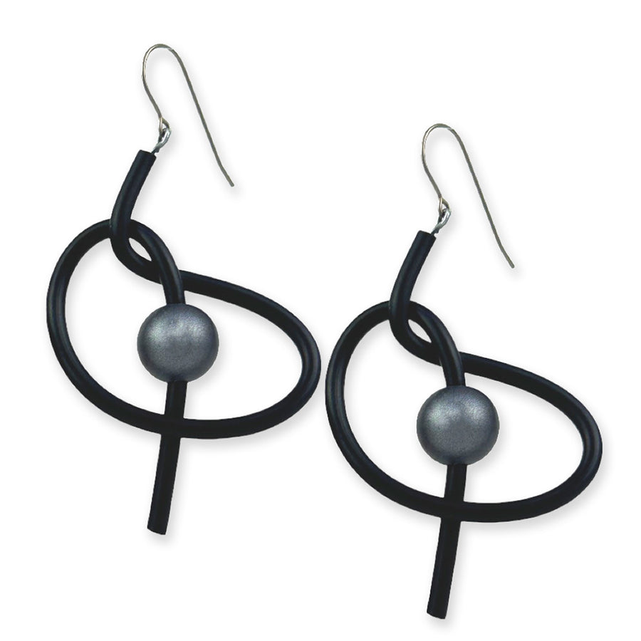 Steel colour drop earrings with black rubber loop.