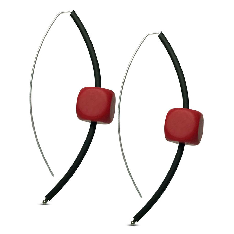 red rubber geometric earring on sterling silver
