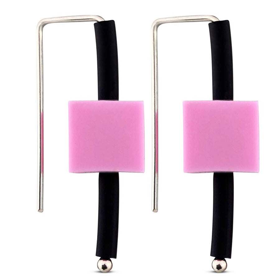 Pink rubber cube sterling silver earrings.