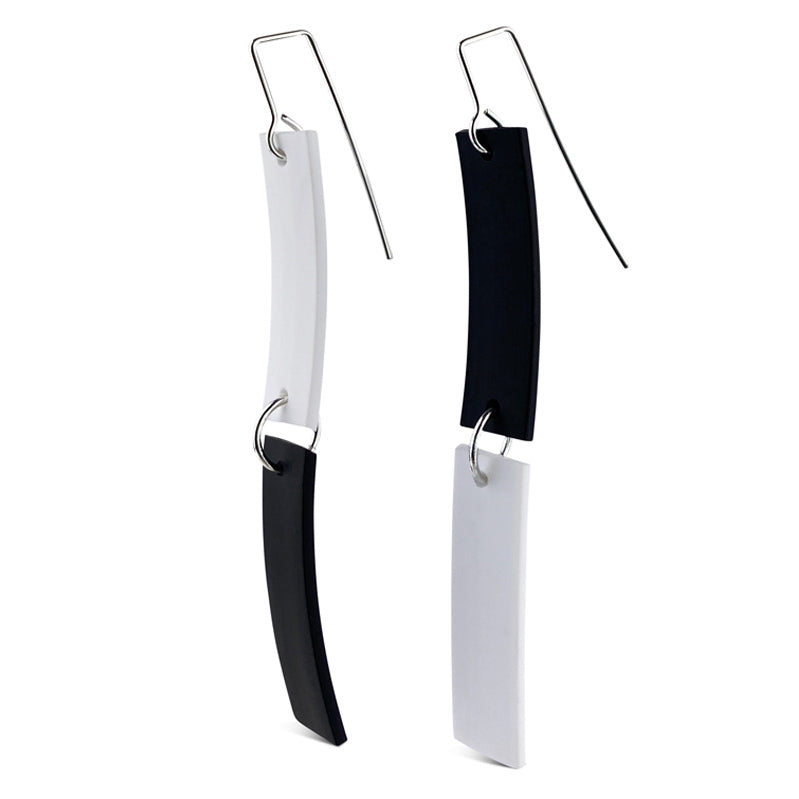 white and black Long rubber earrings, colour block lightweight design