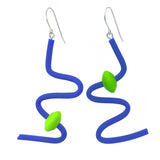 blue red squiggle earrings with green beads on a white background