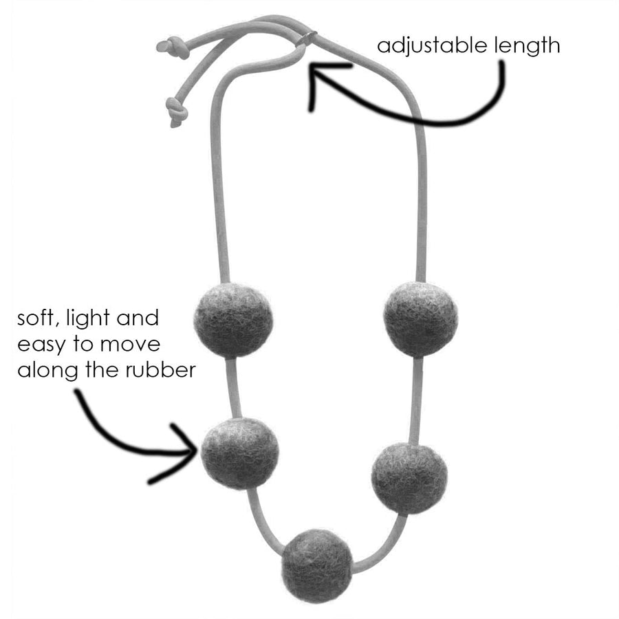 illustration of a white 5 felt bead necklace  and its adjustable features
