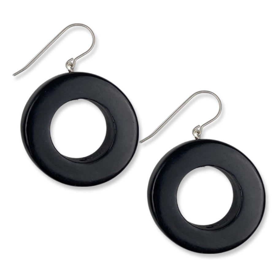 glossy black ring earrings with titanium hooks