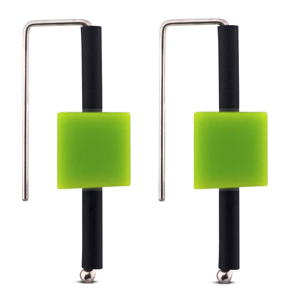green rubber cube sterling silver earrings.