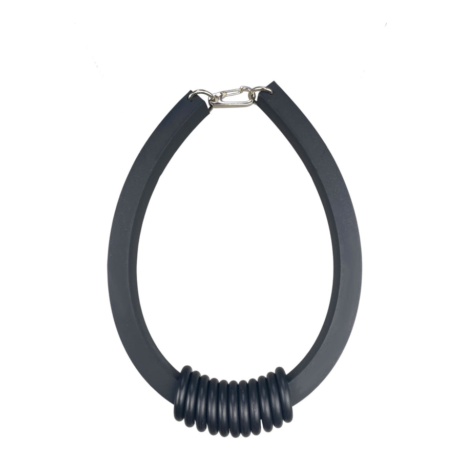 Short, black rubber necklace, architectural, designer