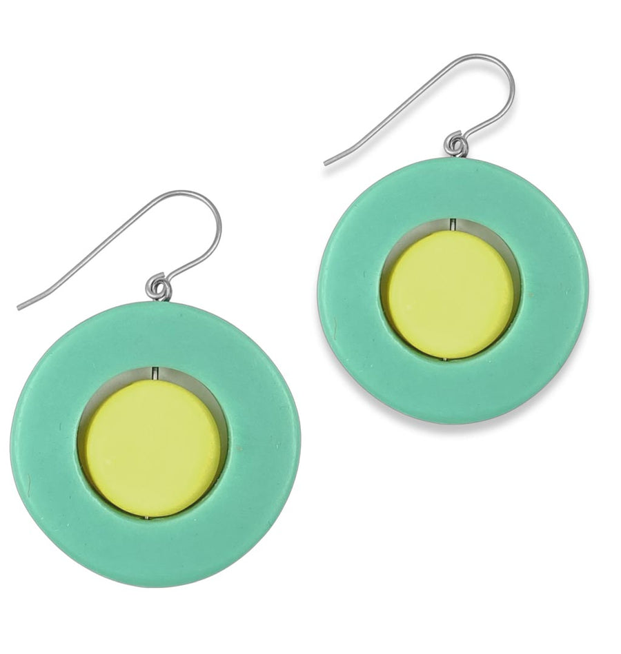 modern, bold, teal- green and yellow resin earrings
