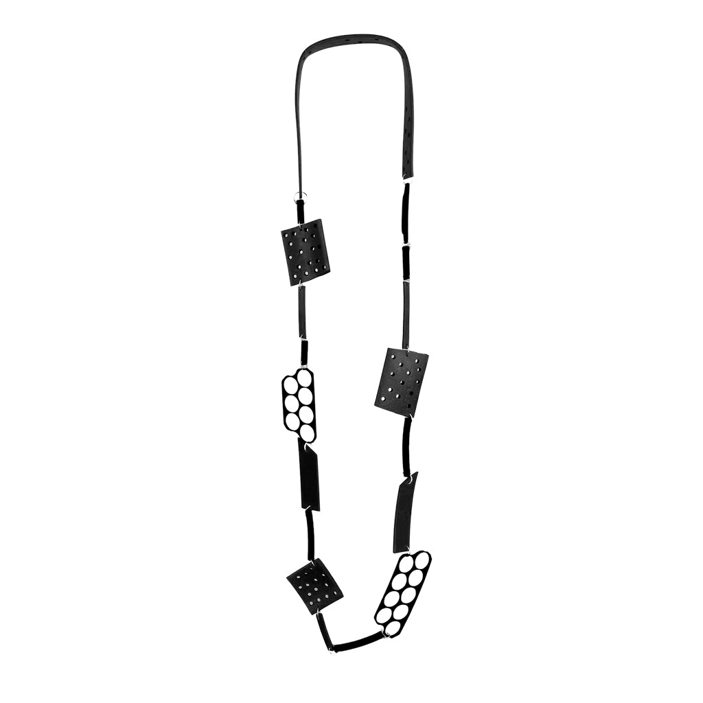 Black arty segmented necklace made from recycled rubber