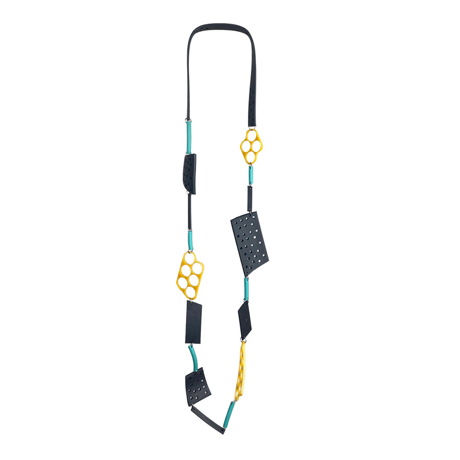 Black, yellow and teal arty segmented necklace made from recycled rubber