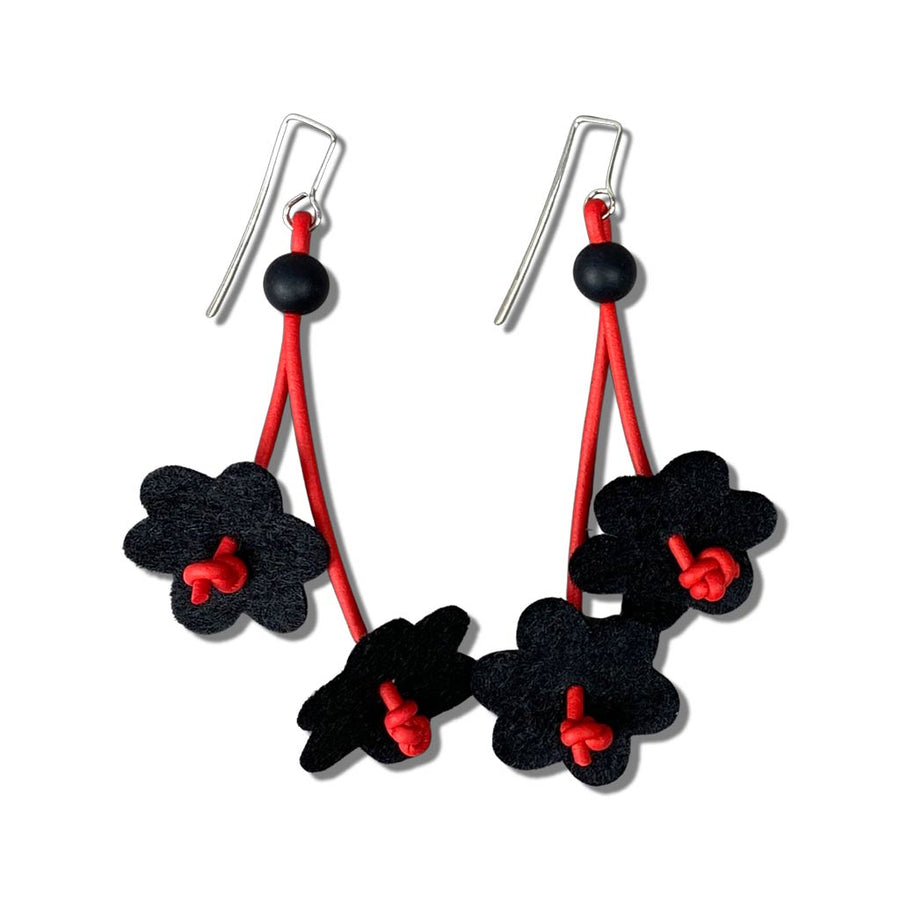 red and black flower dangle earrings