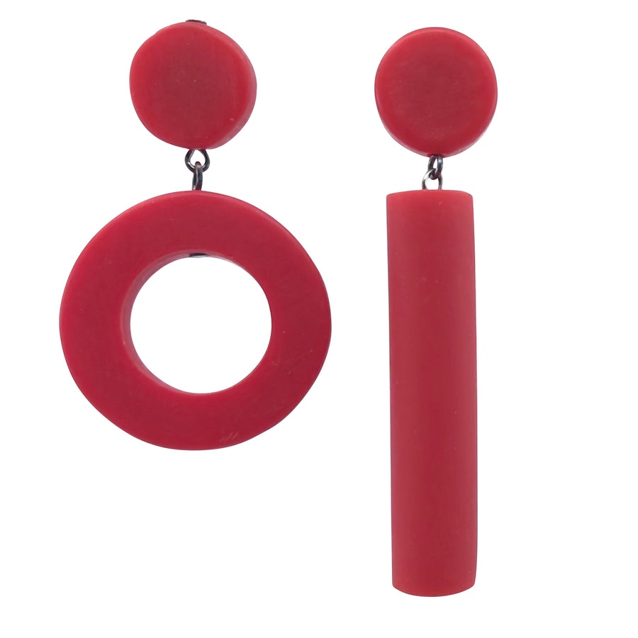 red resin assymetrical earrings in a binary code pattern