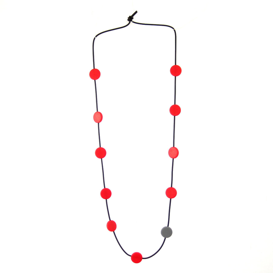 red and grey resin necklace, circles,