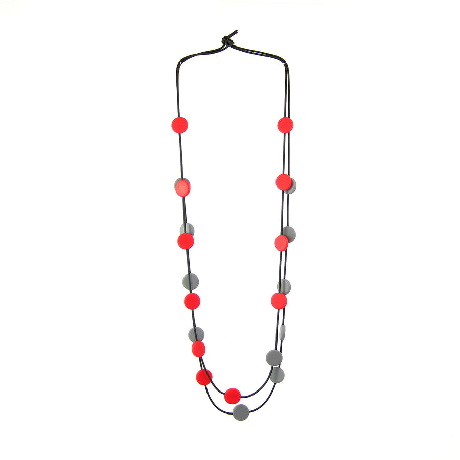 red and grey resin necklace, circles,