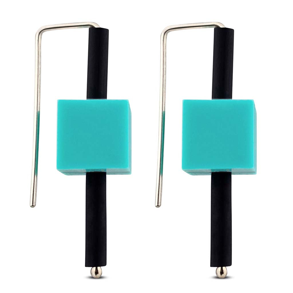 teal rubber cube sterling silver earrings.