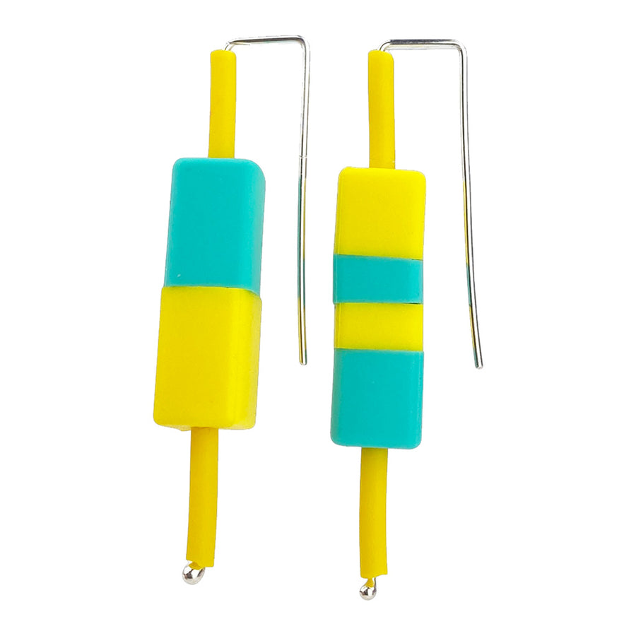 Teal and yellow architectural design earrings